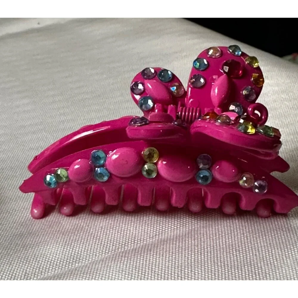 Bright Pink multi-colored bejeweled thick‎ plastic butterfly hair clip 3.5” long